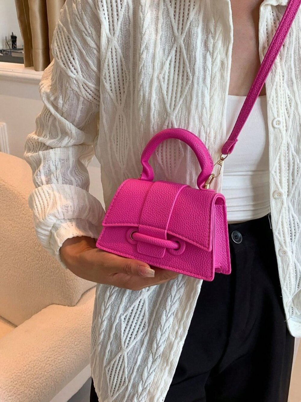 Hot Pink Checkered Women's Crossbody Bag with Adjustable Strap - Picture 4 of 6